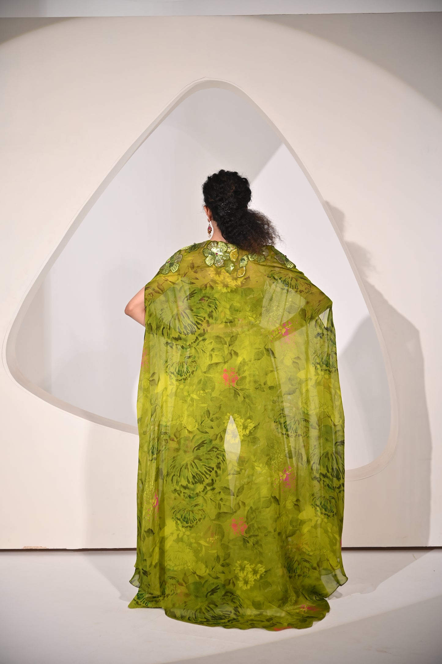 Wild Flower Printed Corset Set with Sharara Pants and Embroidered Cape.