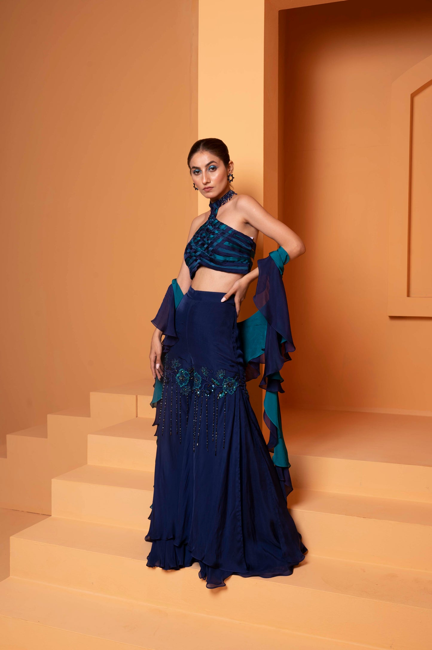 Cris-Cros Top and Sharara with double layered dupatta