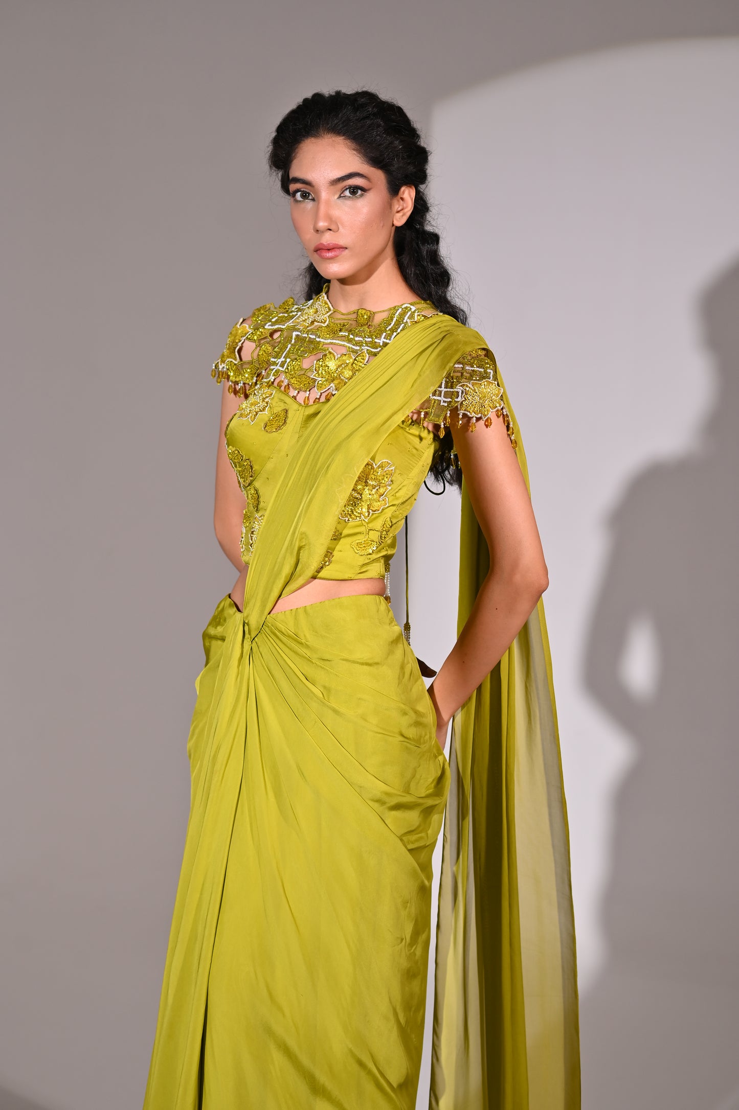 Corset fit with Drape Saree and Detachable Embroidered Cape