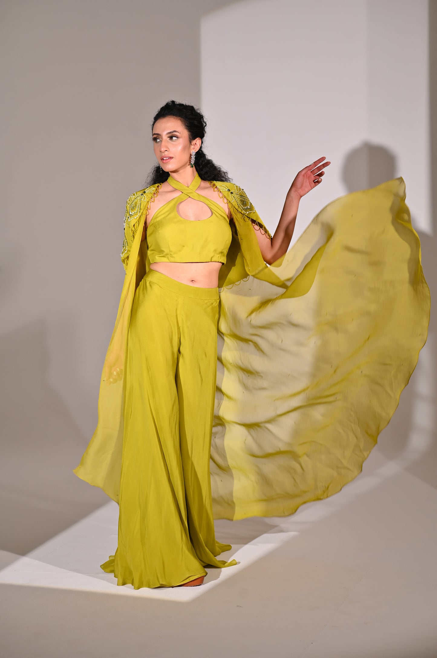 Power Shoulder Hand Embroidered Cape with Sharara and Bustier