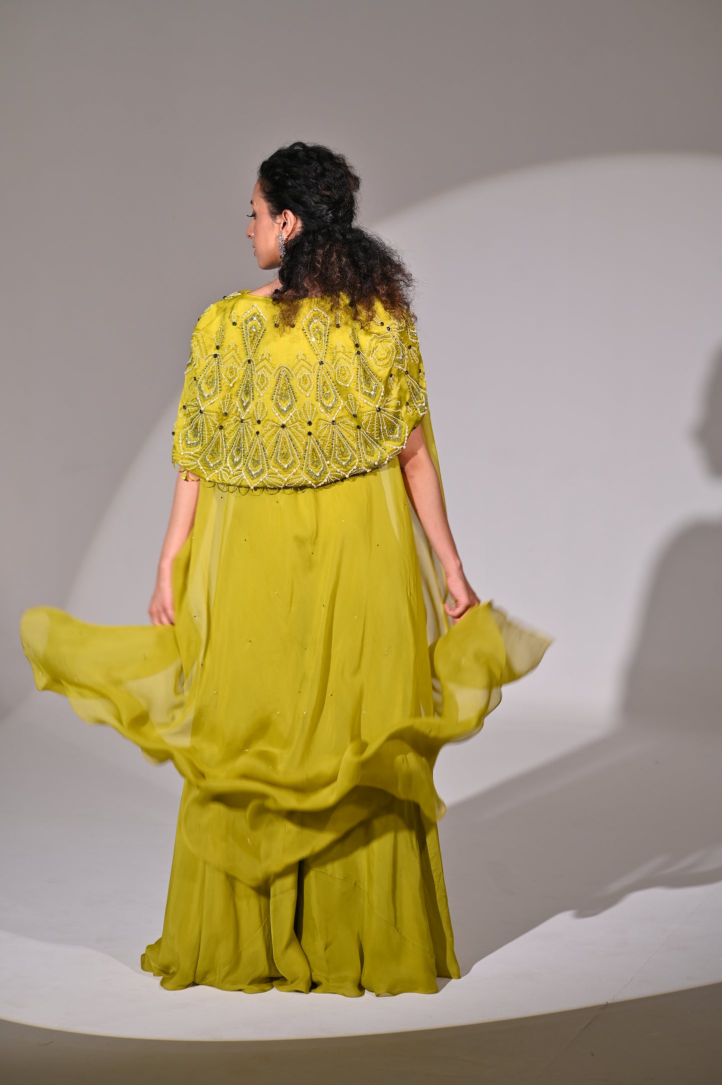 Power Shoulder Hand Embroidered Cape with Sharara and Bustier