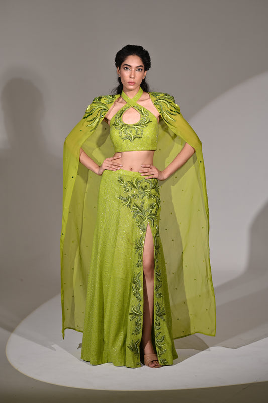 Hand Embroidered Power Shoulder Cape with  Embroidered high slit Skirt and Bustier