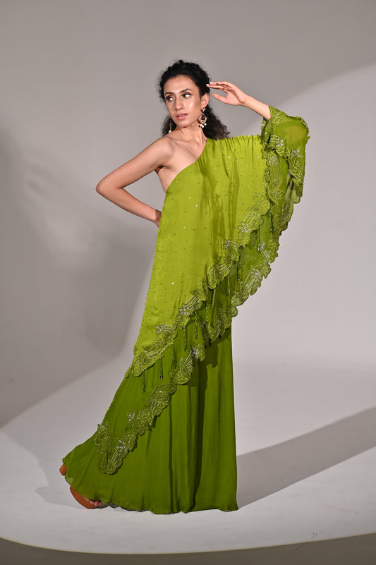 One side shoulder layered Drape Top with Sharara