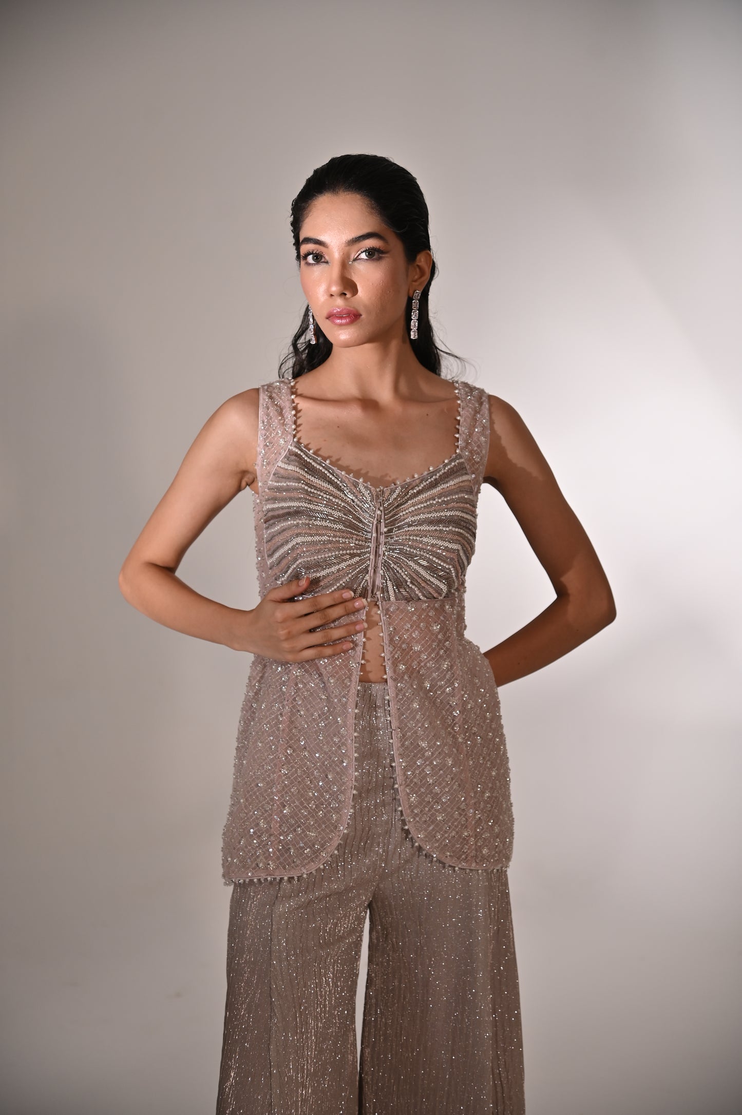 Peach Embroidered Top with Sharara