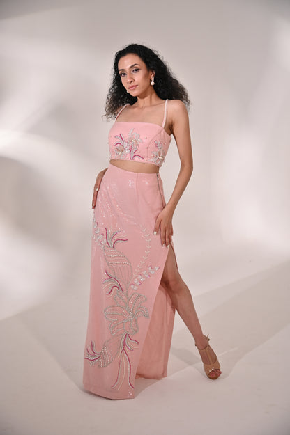 Embroidered Bustier with High side slit Skirt